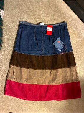 Oilily Denim and Corduroy Tiered A-Line Skirt in Blue, Brown, Tan & Red